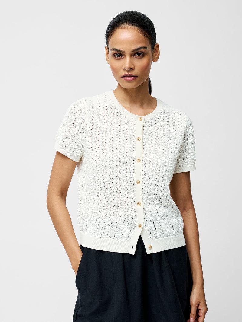 french connection Cotton Blend Pointelle Short Sleeve Cardigan Cream
