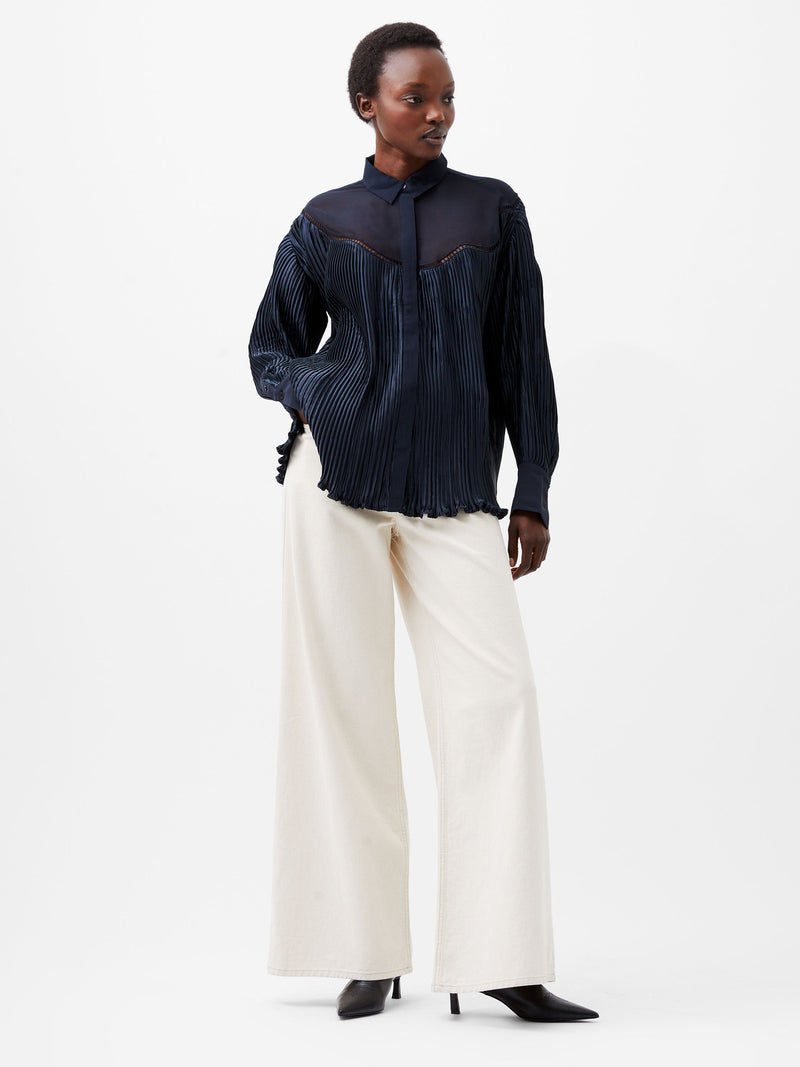 French Connection Crina Crinkle Satin Georgette Mix Shirt Marine