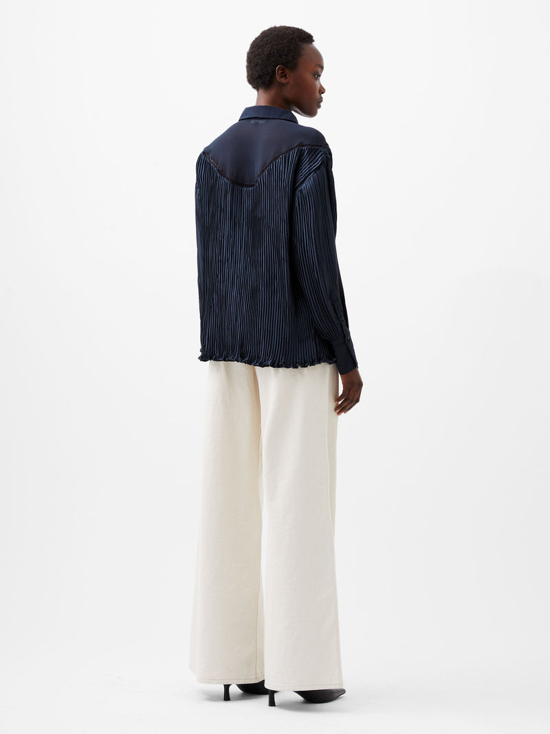 French Connection Crina Crinkle Satin Georgette Mix Shirt Marine