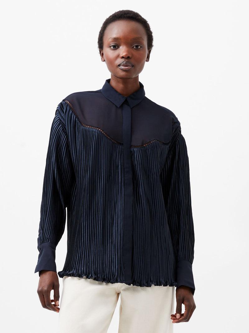 french connection Crina Crinkle Satin Georgette Mix Shirt Marine