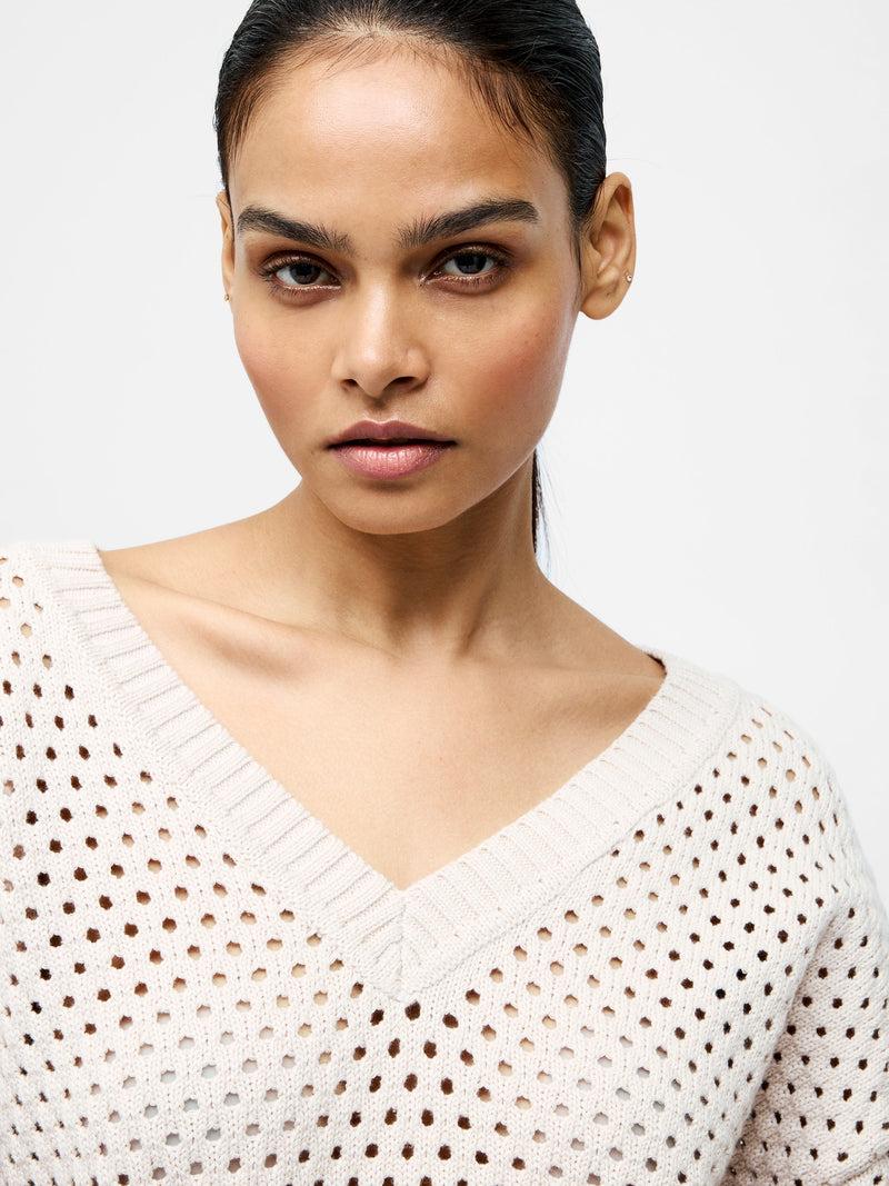 French Connection Crochet Knit V Neck Sweater Oatmeal