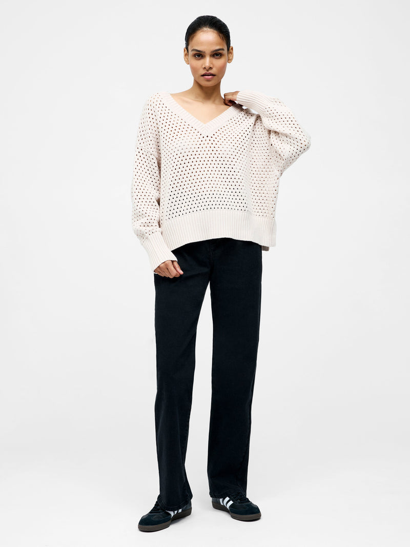French Connection Crochet Knit V Neck Sweater Oatmeal