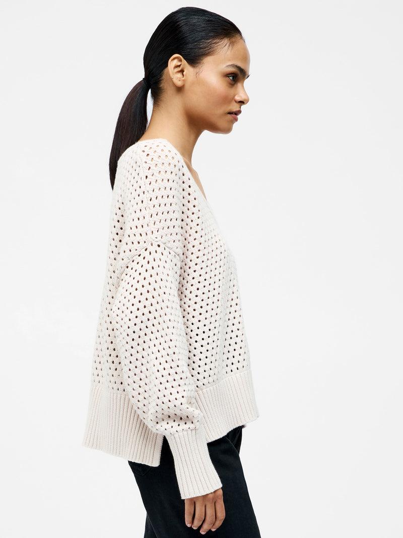 French Connection Crochet Knit V Neck Sweater Oatmeal