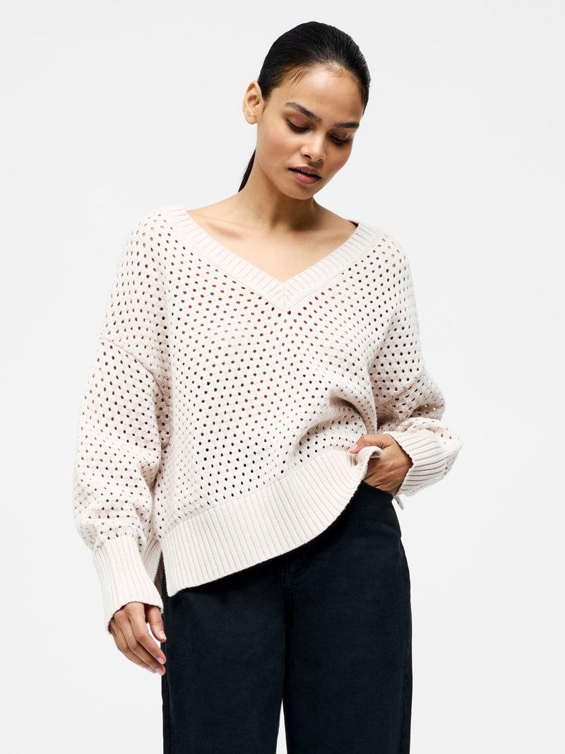 french connection Crochet Knit V Neck Sweater Oatmeal