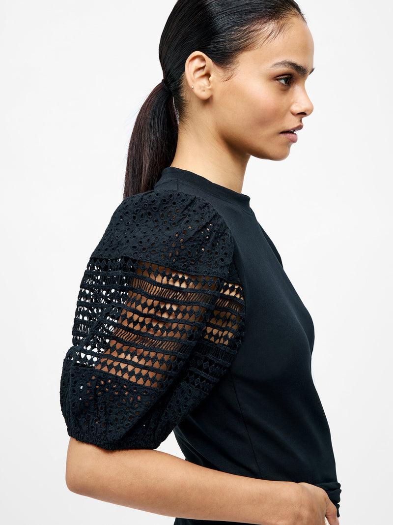 French Connection Crochet Lace Puff Sleeve Top Black
