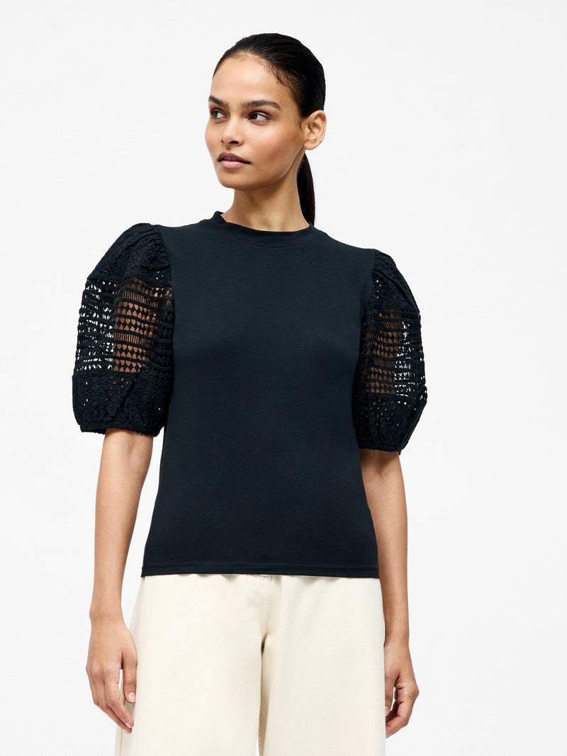 french connection Crochet Lace Puff Sleeve Top Black