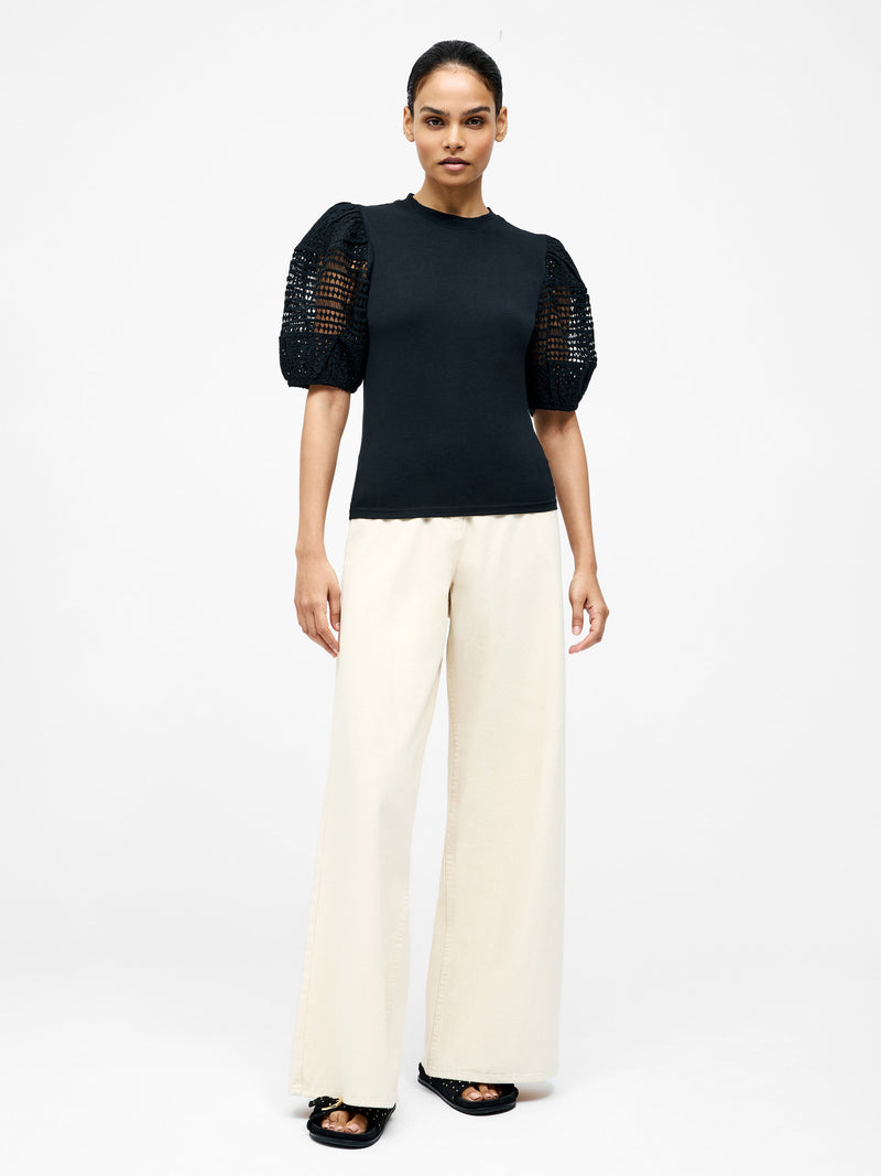 French Connection Crochet Lace Puff Sleeve Top Black