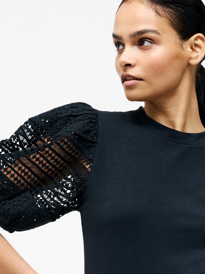 French Connection Crochet Lace Puff Sleeve Top Black