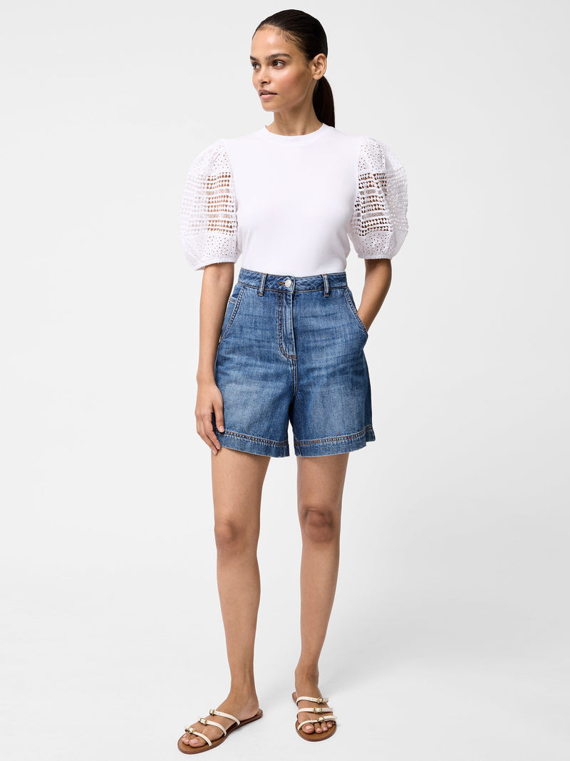 French Connection Crochet Lace Puff Sleeve Top Linen White