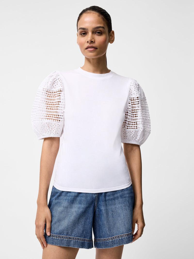 french connection Crochet Lace Puff Sleeve Top Linen White