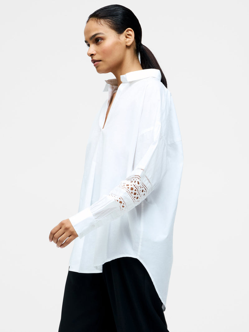 French Connection Crochet Trim Poplin Long Sleeve Popover Shirt Linen White