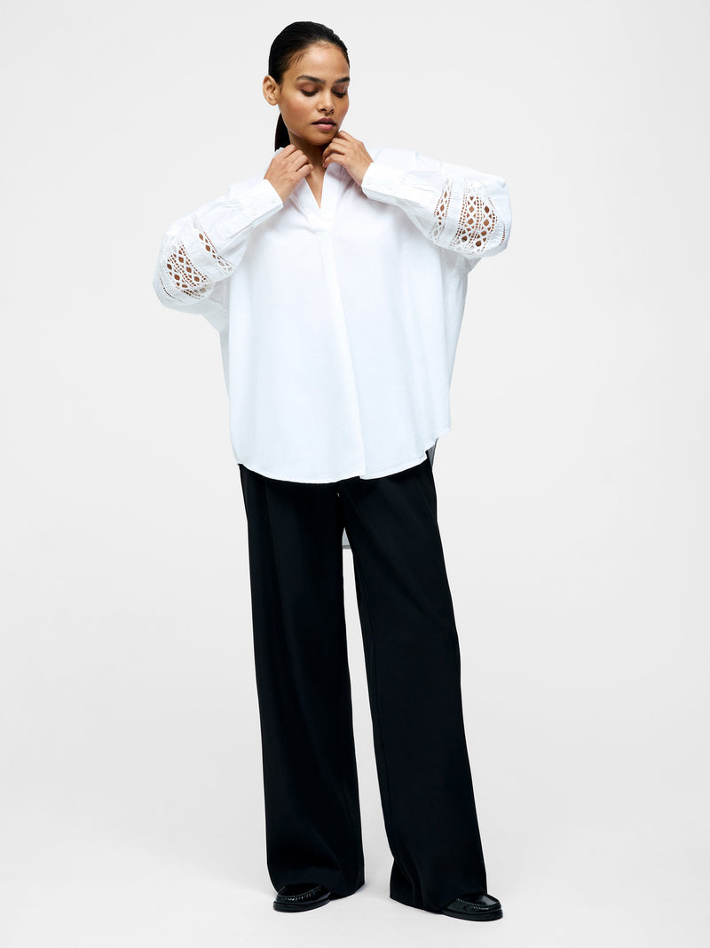 French Connection Crochet Trim Poplin Long Sleeve Popover Shirt Linen White