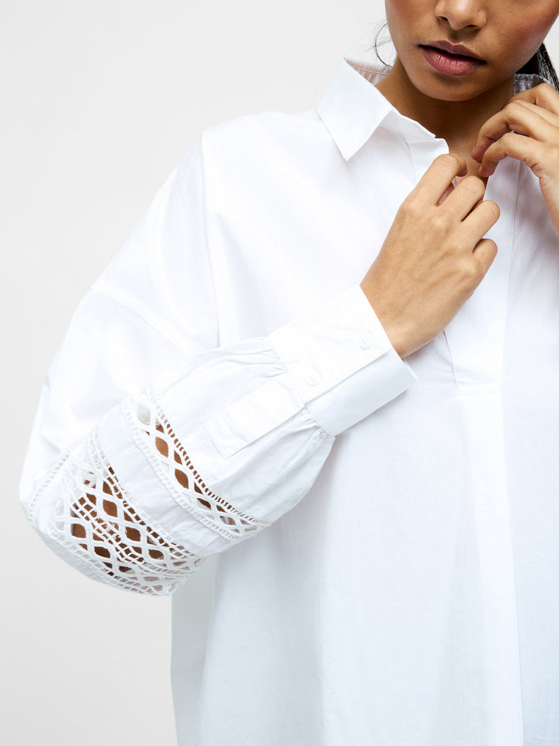 French Connection Crochet Trim Poplin Long Sleeve Popover Shirt Linen White