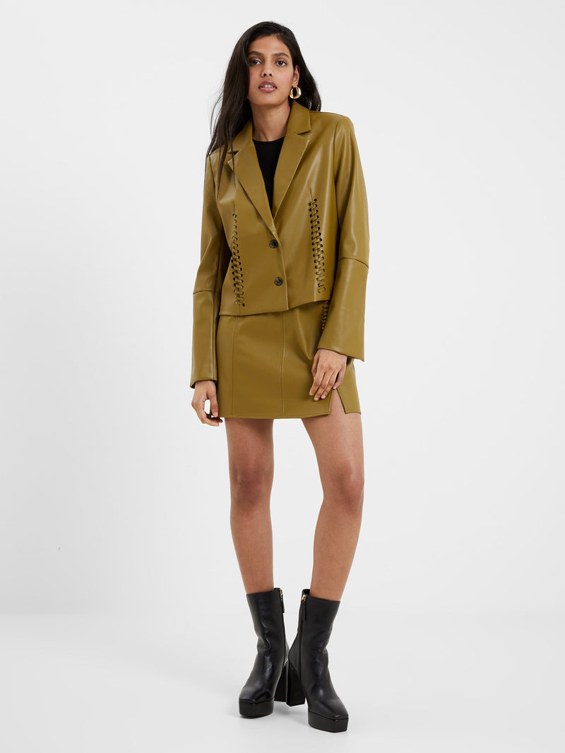 French Connection Crolenda PU Lace-Up Cropped Blazer Nutria