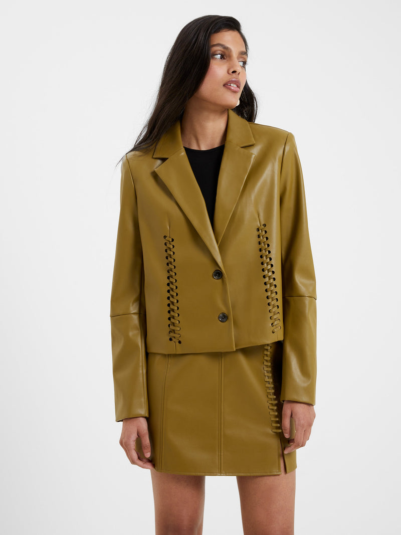 French Connection Crolenda PU Lace-Up Cropped Blazer Nutria