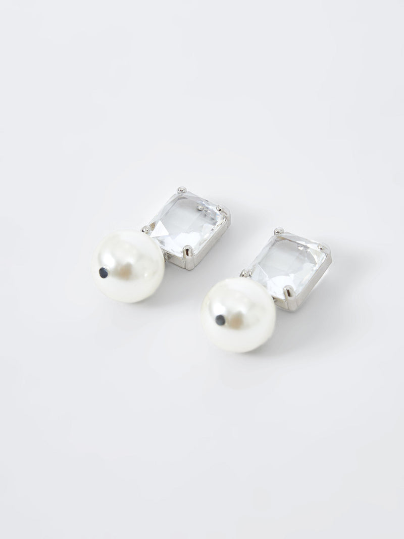 French Connection Crystal Faux Pearl Drop Earrings Silver