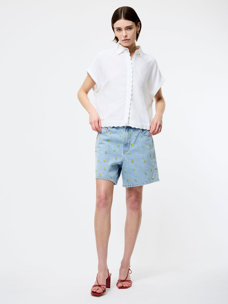 French Connection Dallas Daisy Embroidered Denim Shorts Light Wash