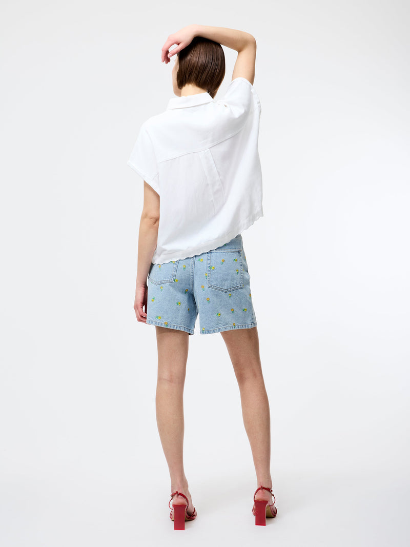 French Connection Dallas Daisy Embroidered Denim Shorts Light Wash
