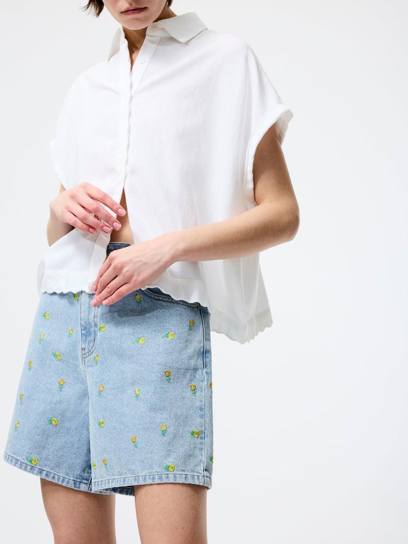 French Connection Dallas Daisy Embroidered Denim Shorts Light Wash