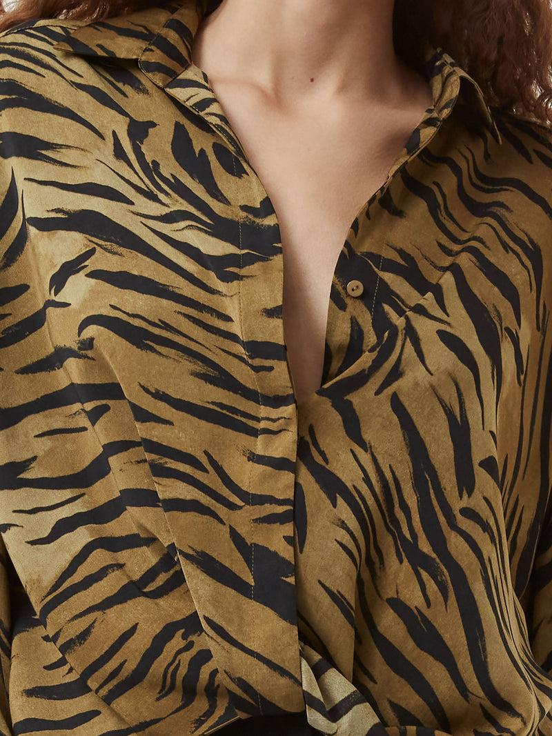 French Connection Damasco Adeline Print Tuck Shirt Golden Olive Khaki