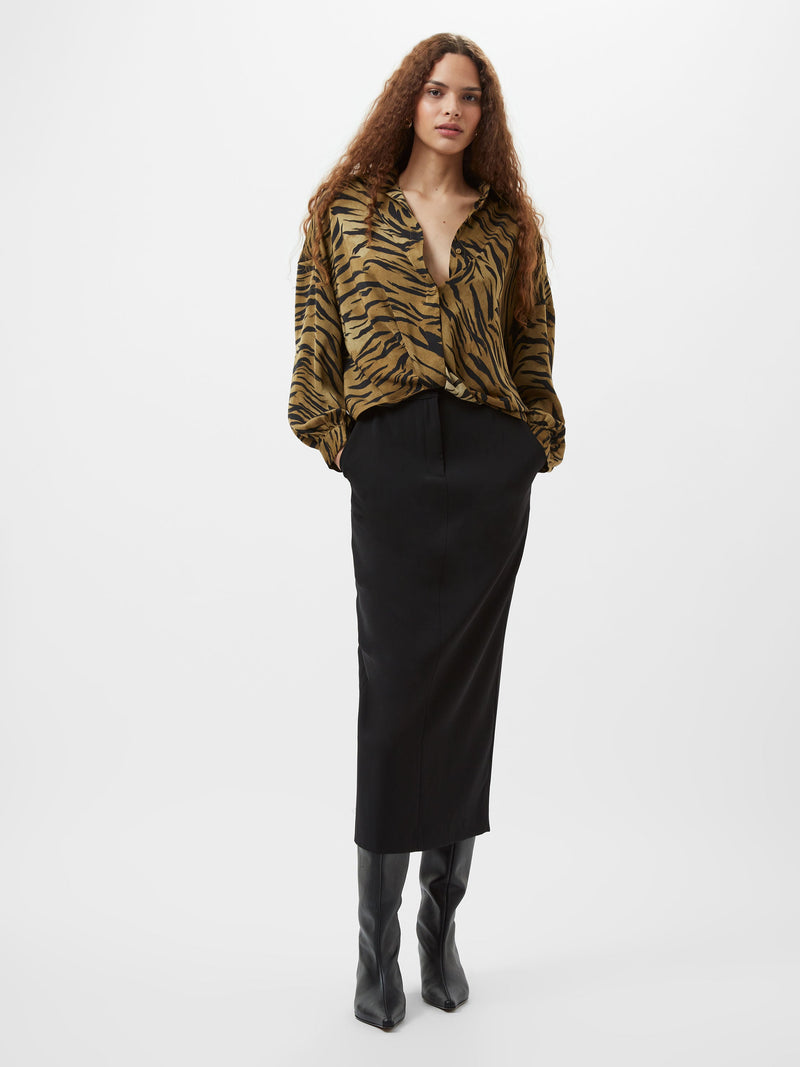 French Connection Damasco Adeline Print Tuck Shirt Golden Olive Khaki