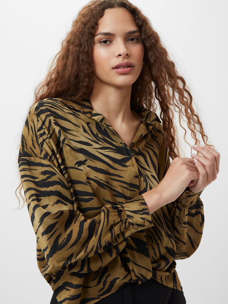 french connection Damasco Adeline Print Tuck Shirt Golden Olive Khaki