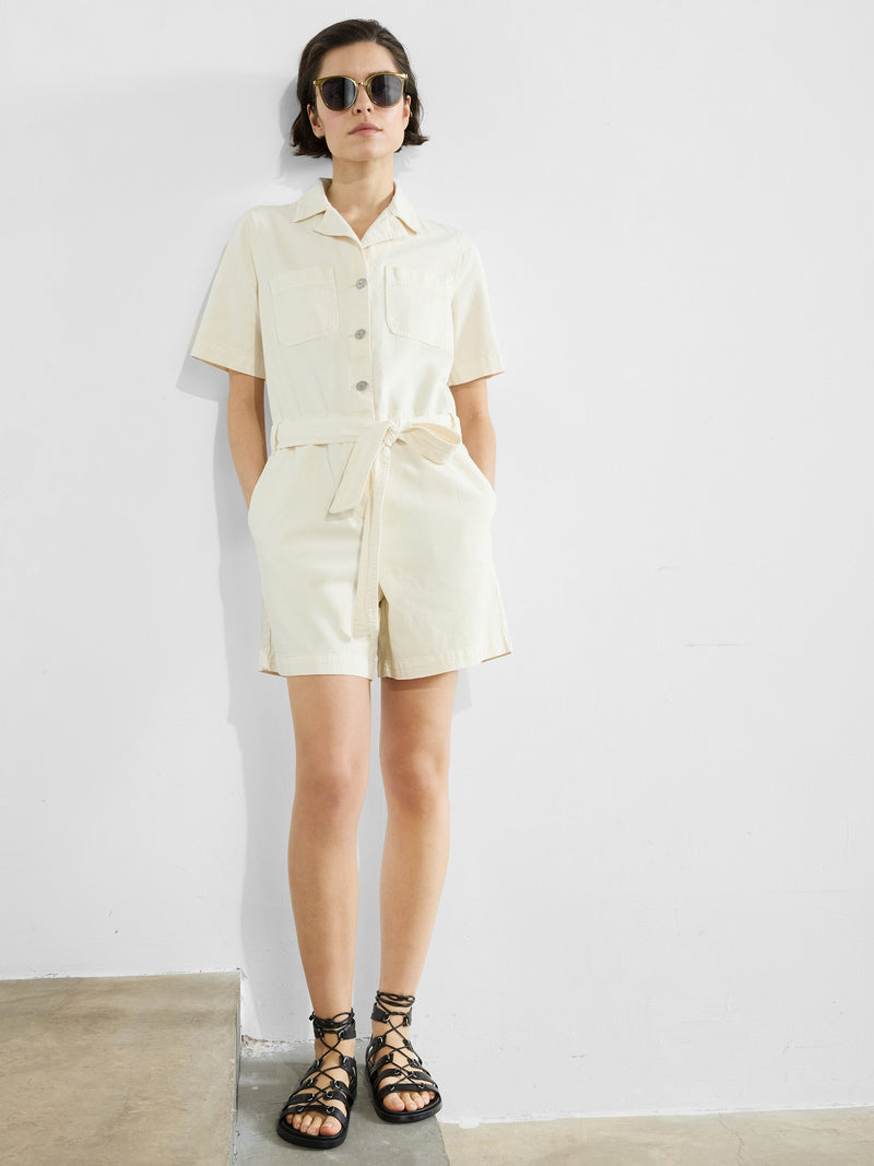 French Connection Dana Denim Short Sleeve Playsuit Ecru