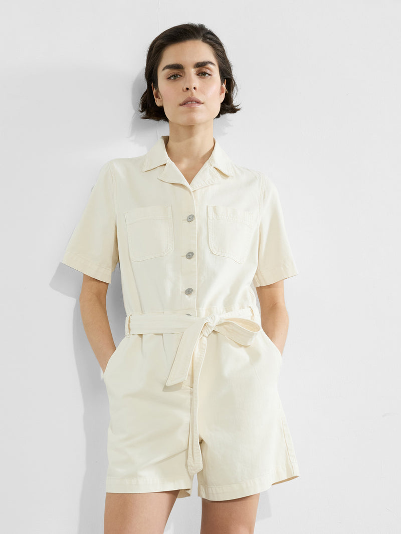 French Connection Dana Denim Short Sleeve Playsuit Ecru