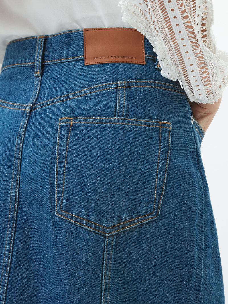 French Connection Denver Denim Flare Midi Skirt Vintage Blue