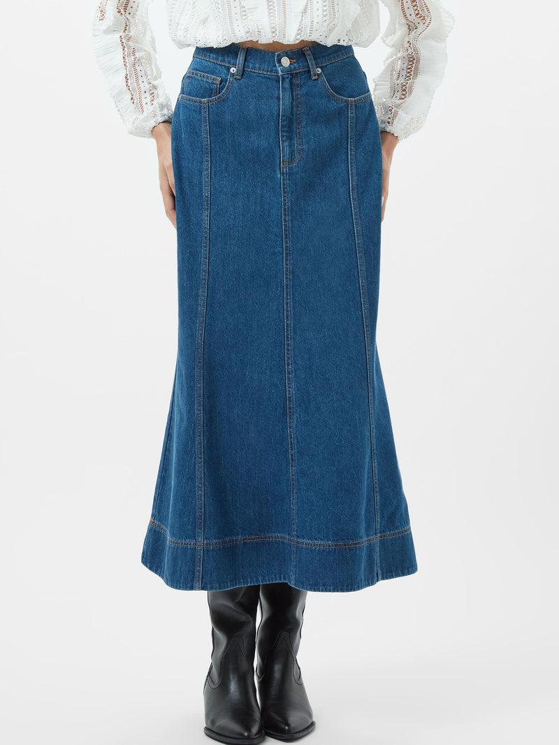 French Connection Denver Denim Flare Midi Skirt Vintage Blue