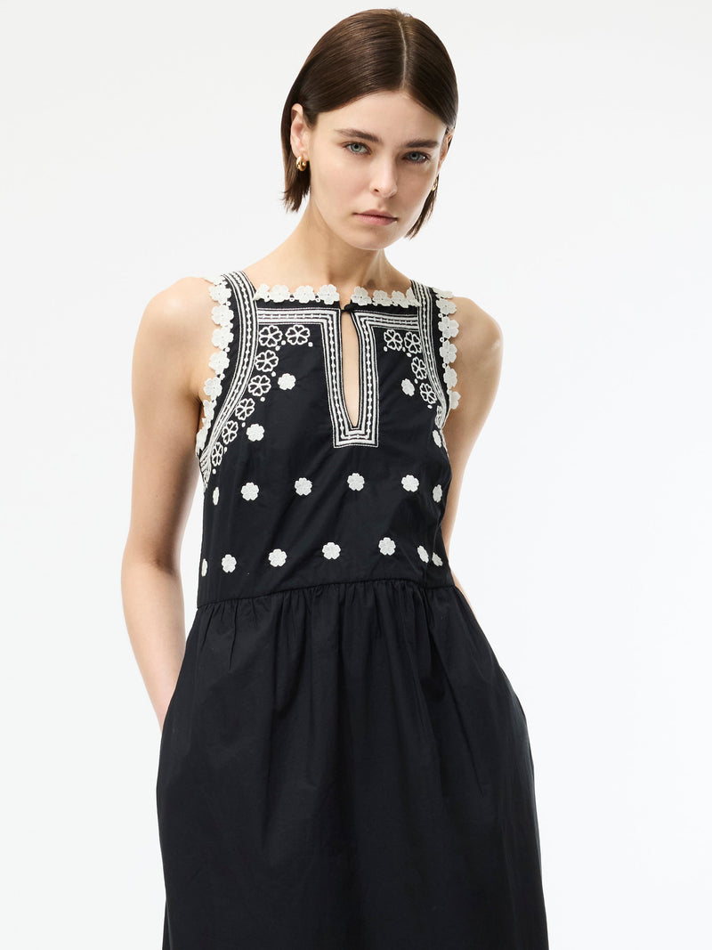 French Connection Devin Poplin Embroidered Midi Dress Black