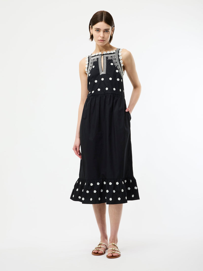 french connection Devin Poplin Embroidered Midi Dress Black