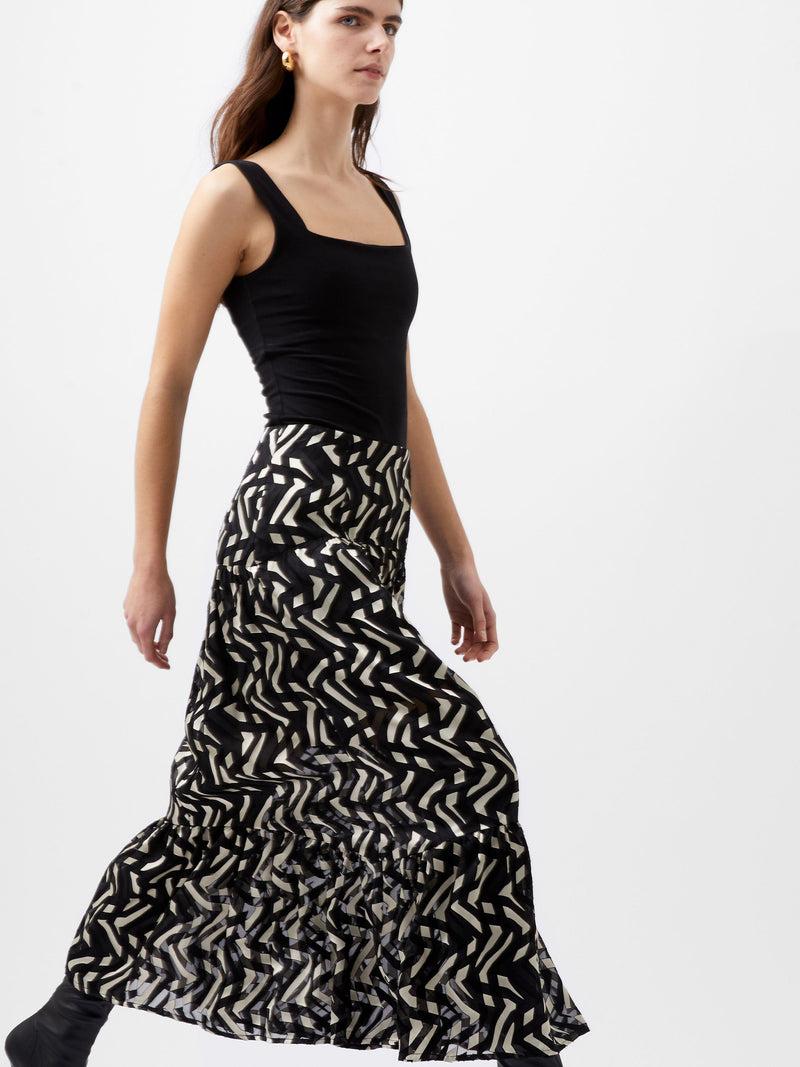 French Connection Diandra Satin Devore Skirt Black/Cream