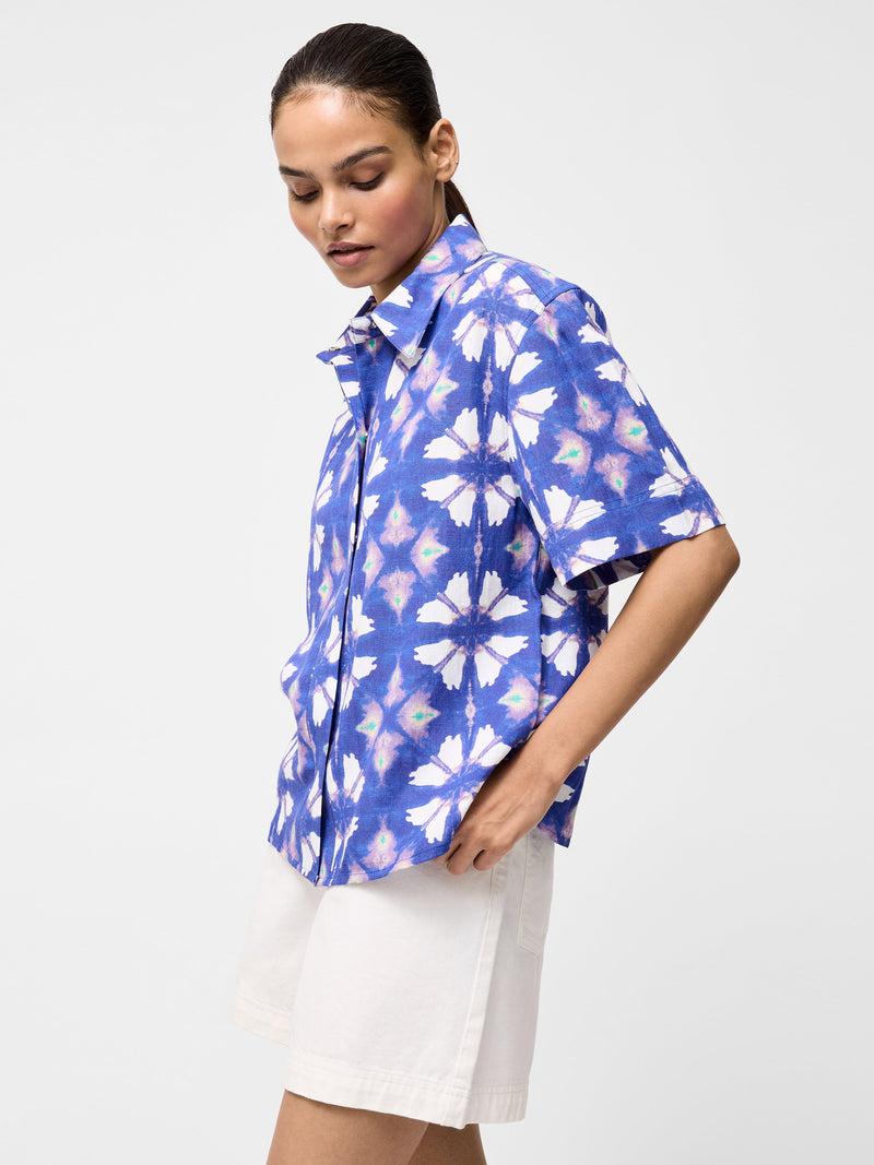 French Connection Dory Linen Blend Short Sleeve Shirt Royal Blue