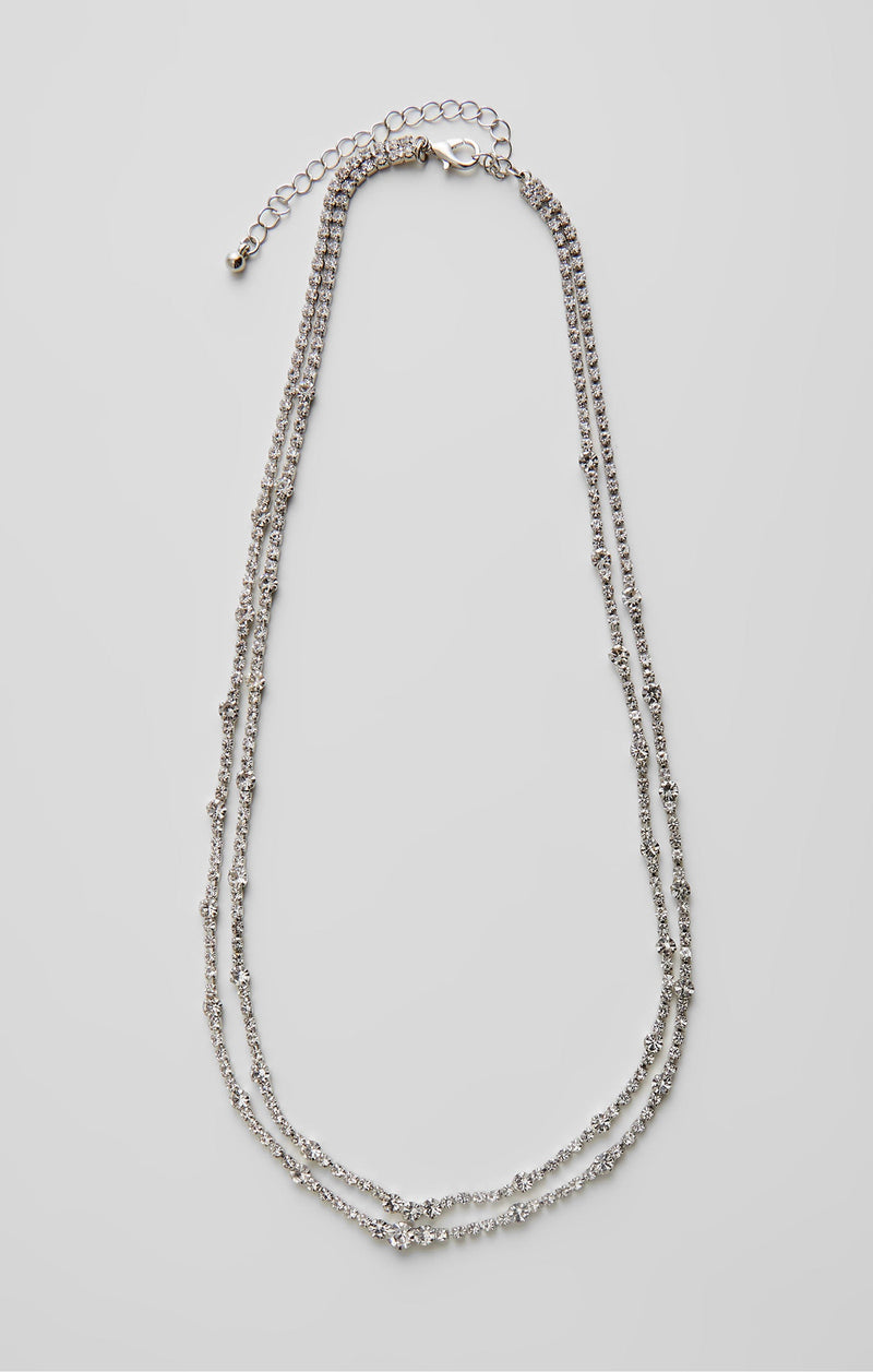 French Connection Double Row Diamante Necklace Silver/Diamante