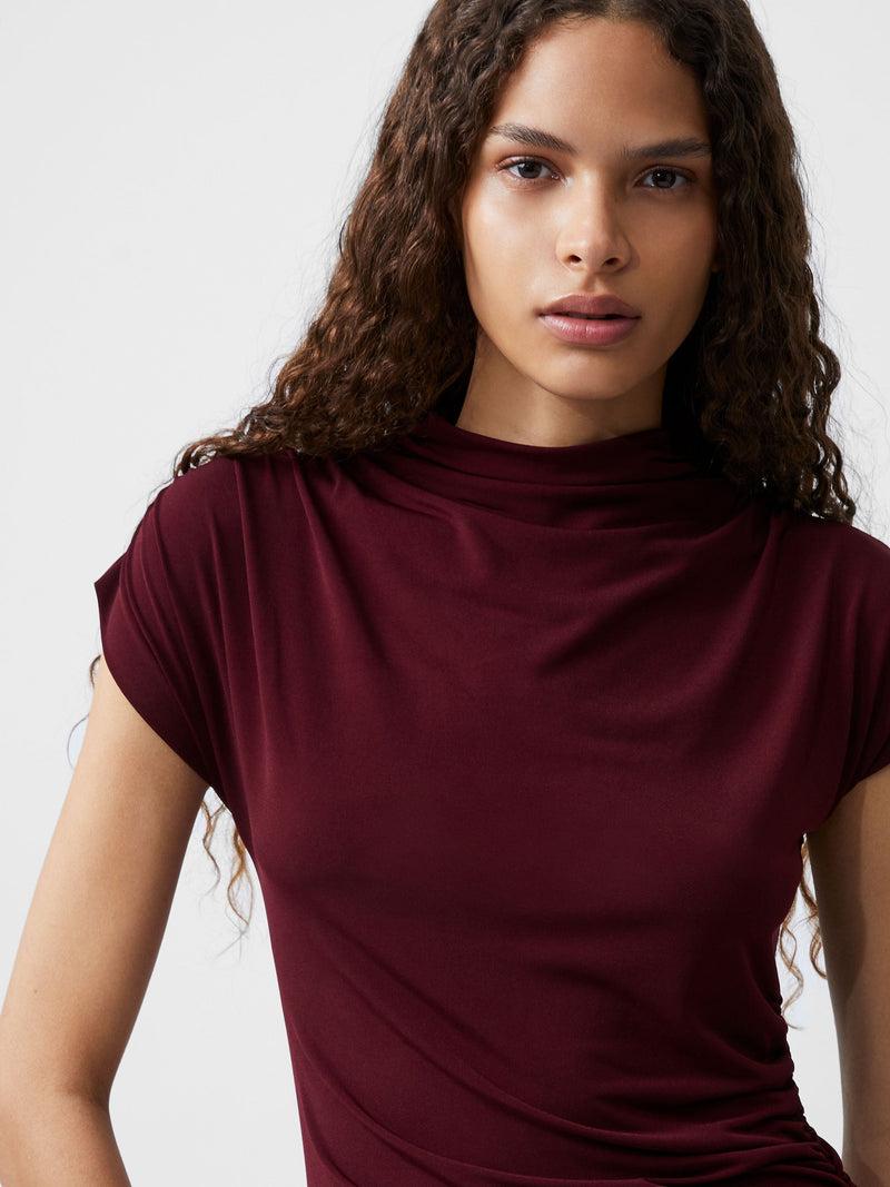 French Connection Draped Samira Mock Neck Dress Burgundy Red