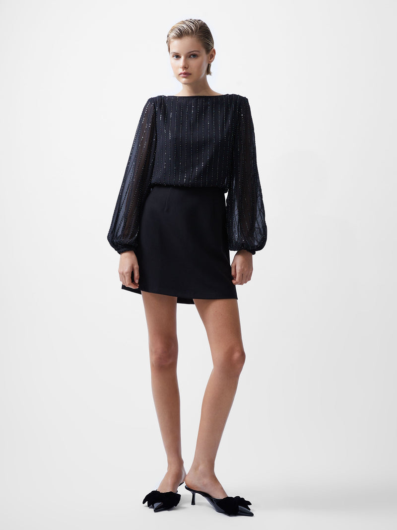 French Connection Effy Sequin Slash Neck Long Sleeve Dress Blackout Multi