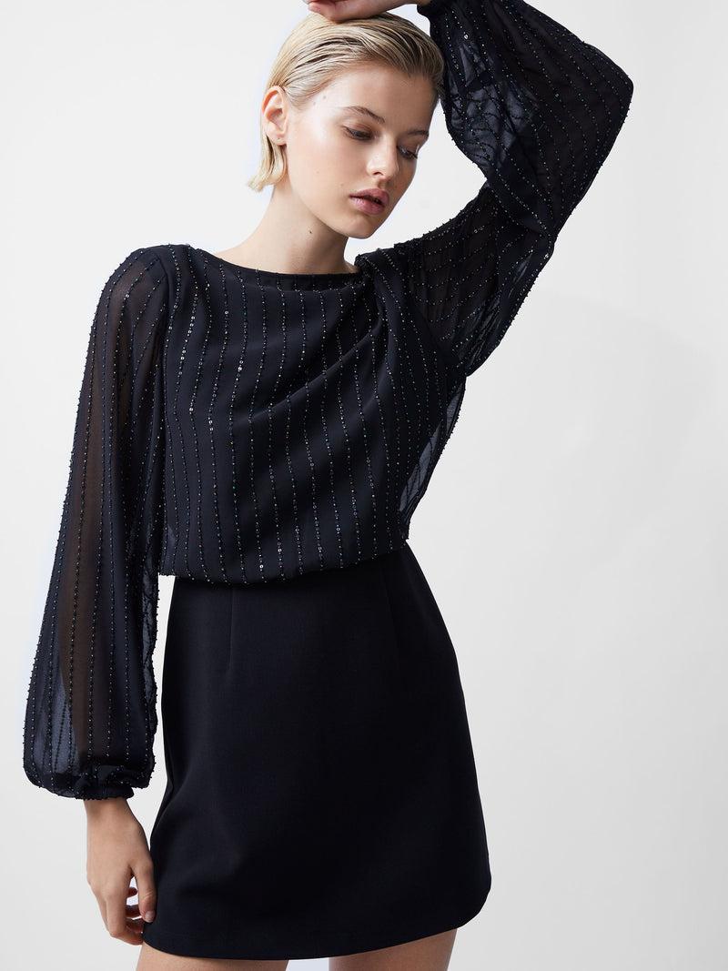 french connection Effy Sequin Slash Neck Long Sleeve Dress Blackout Multi