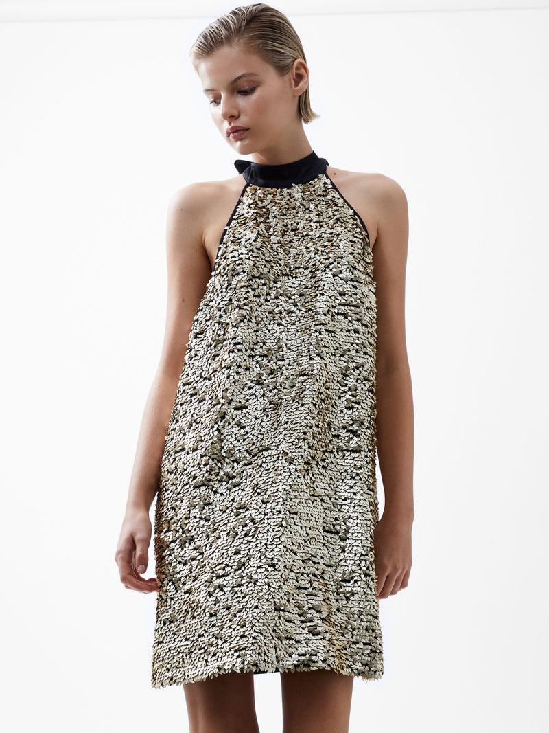 French Connection Elah Sequin Halterneck Mini Dress Metallic Gold