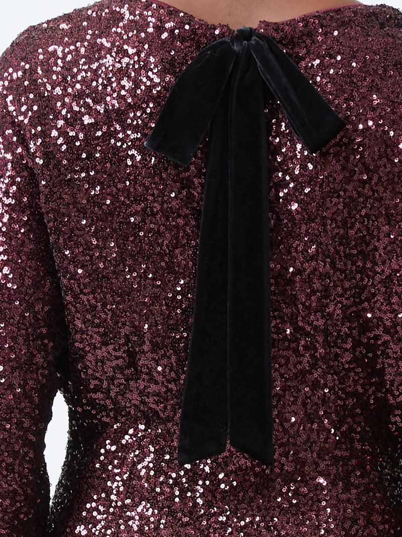 French Connection Elena Sequin Bow Back Mini Dress Burgundy Red