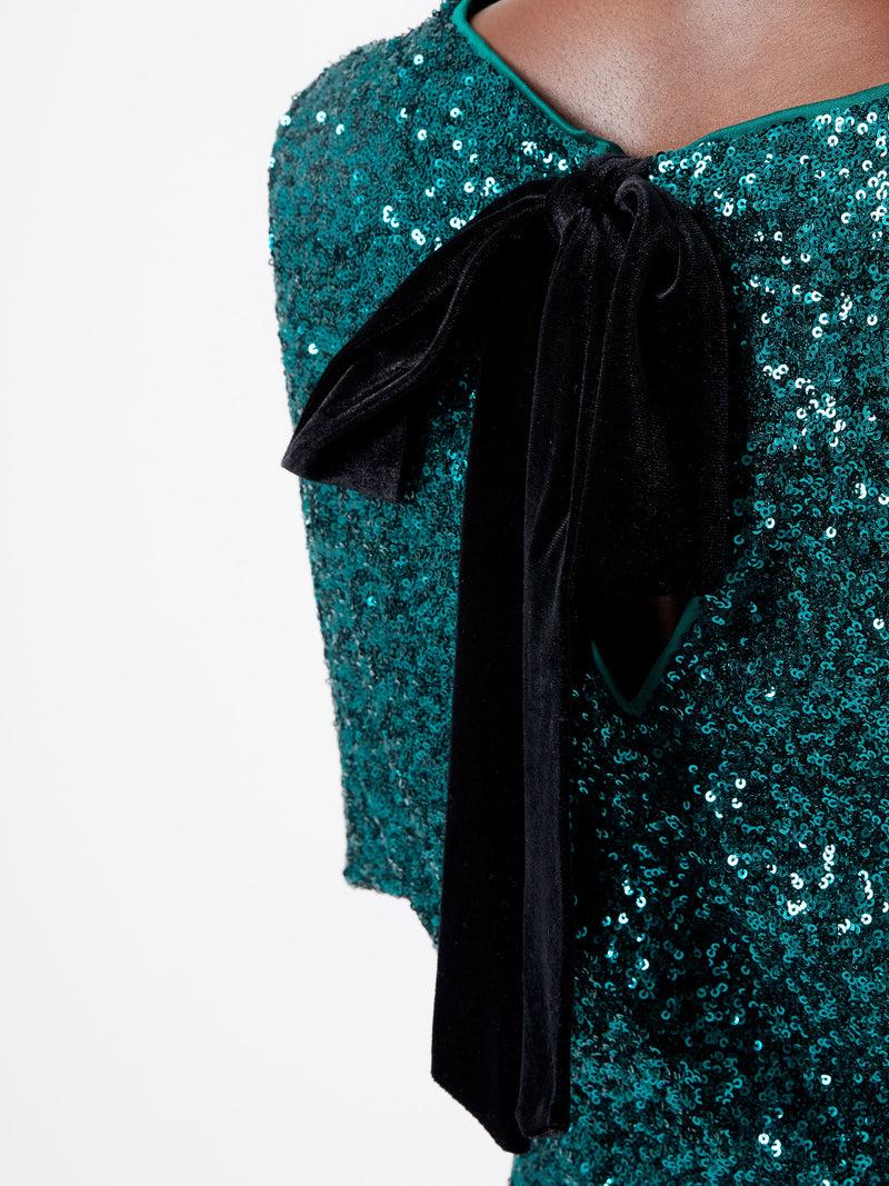 French Connection Elena Sequin Bow Back Mini Dress Forest