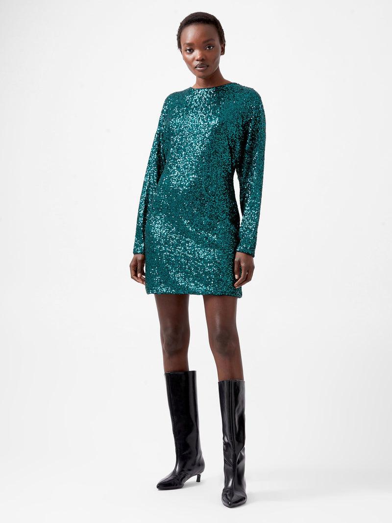 French Connection Elena Sequin Bow Back Mini Dress Forest