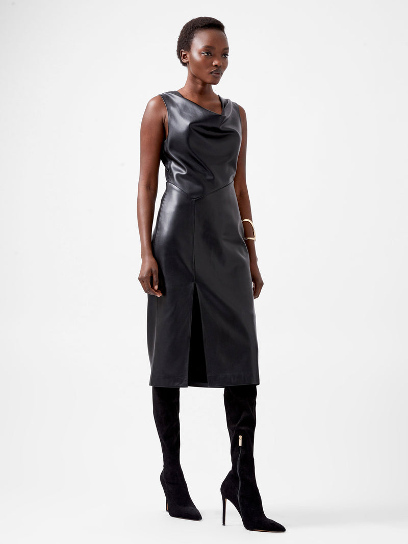 french connection Elettra Recycled PU Cowl Neck Sleeveless Midi Dress Blackout