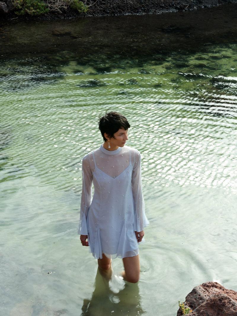 French Connection Elizabeth Chiffon Faux Pearl Mini Dress Powder Blue