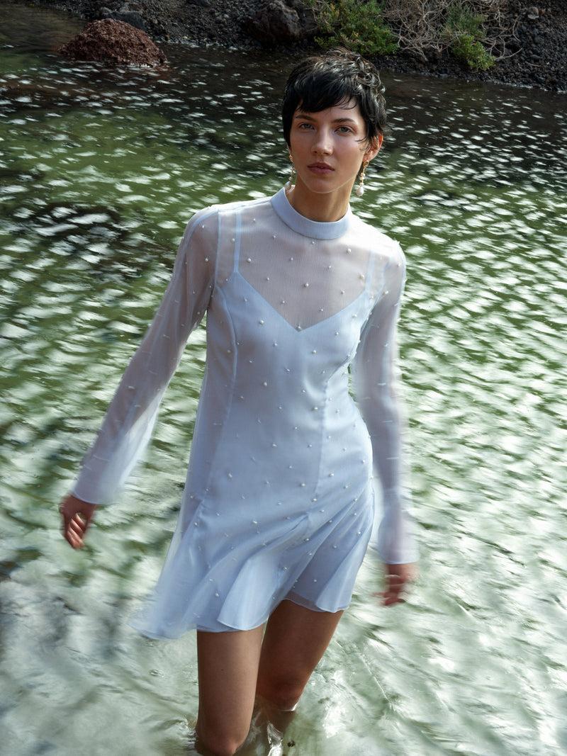 french connection Elizabeth Chiffon Faux Pearl Mini Dress Powder Blue