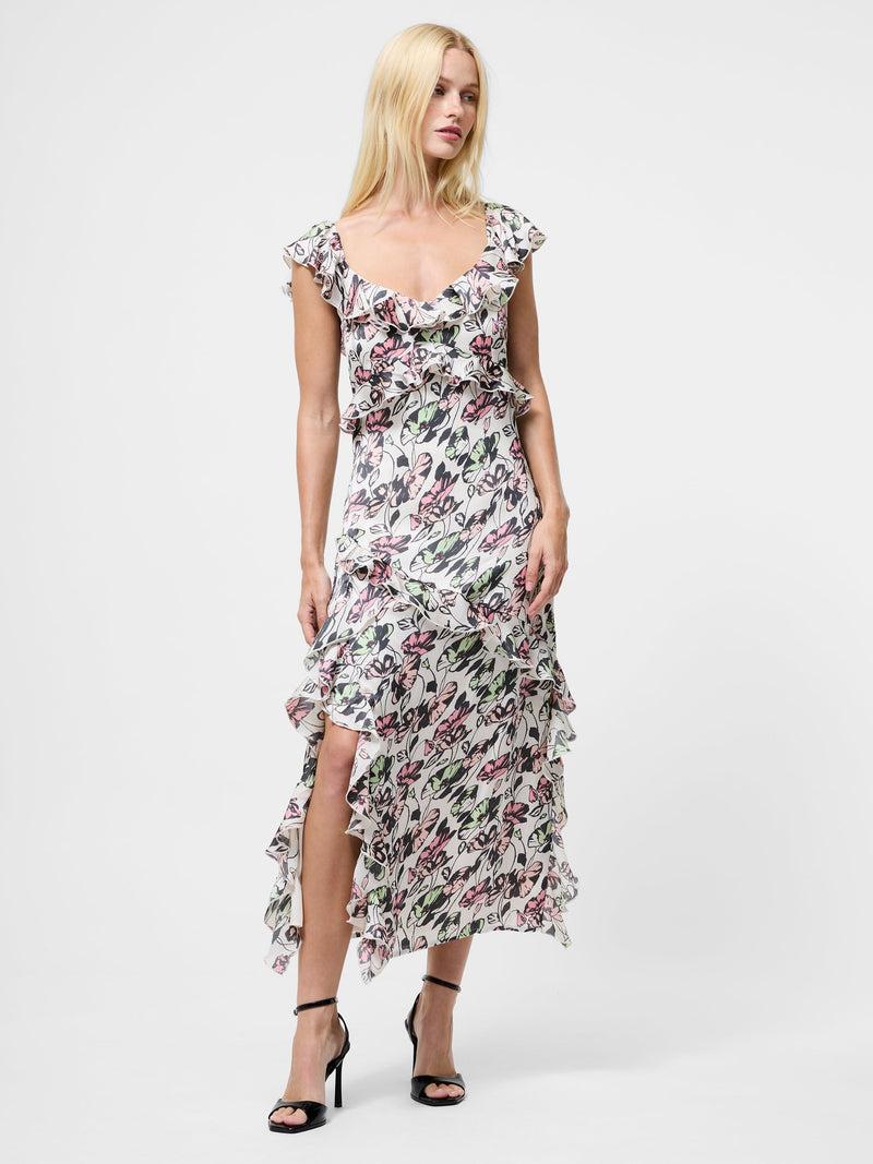 French Connection Ellie Kelsy Ruffled Slit Midi Dress Cream Multi