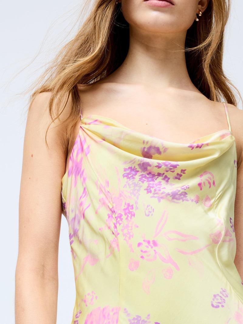 French Connection Elyria Oona Satin Midi Dress Cornsilk Yellow Mult