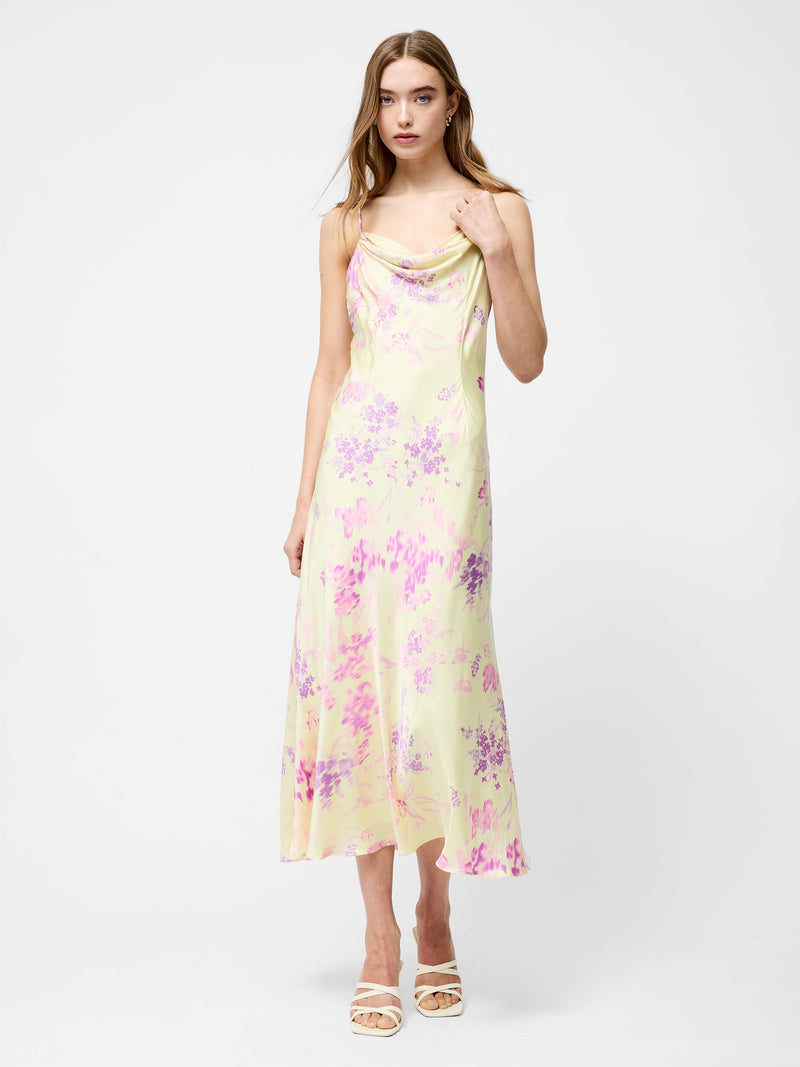 french connection Elyria Oona Satin Midi Dress Cornsilk Yellow Mult