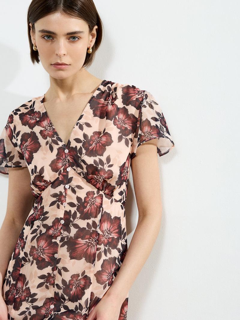 French Connection Elyse Flutter Sleeve Tea Dress Cream Multi