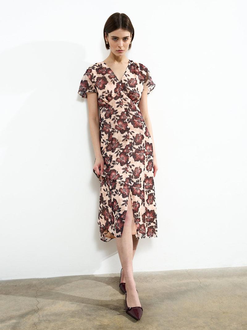 french connection Elyse Flutter Sleeve Tea Dress Cream Multi